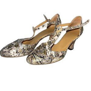 Vintage Handmade Womens Shoes Size 9 Leather Mary Jane Painted Heels Metallic